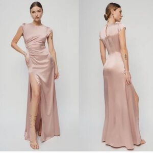 Reformation Birch Maxi Silk Dress Blush Crew Neck Ruched Side Slit